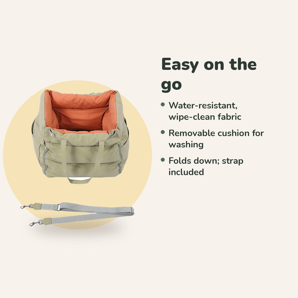 Car seat bed with strap, folds down