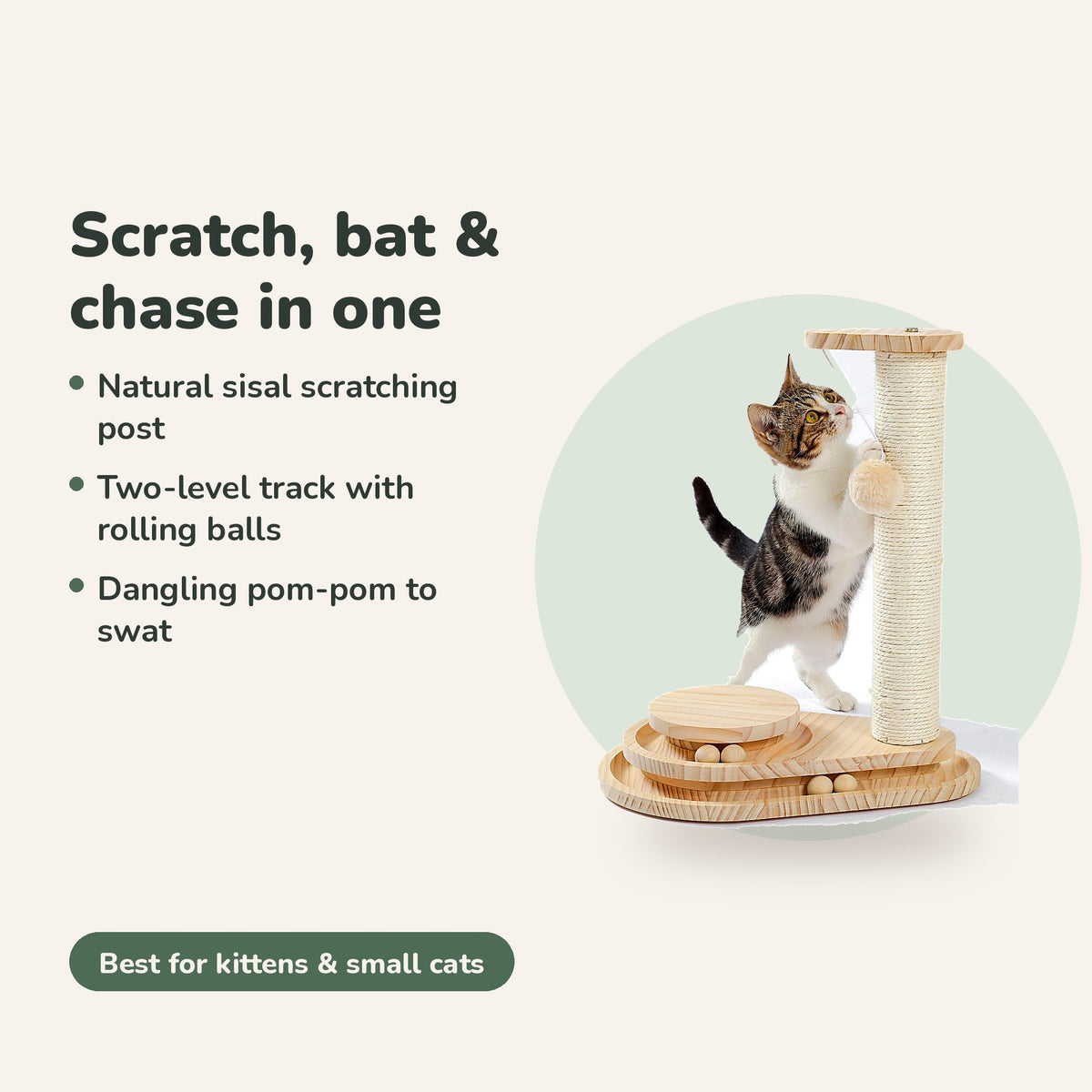 Scratch post, ball track and pom-pom in one