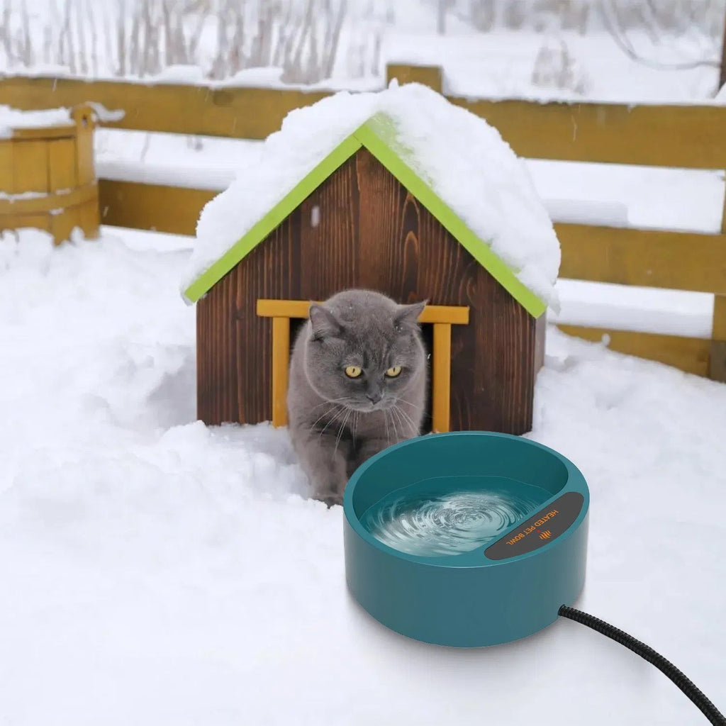 Heated pet water bowl in the snow