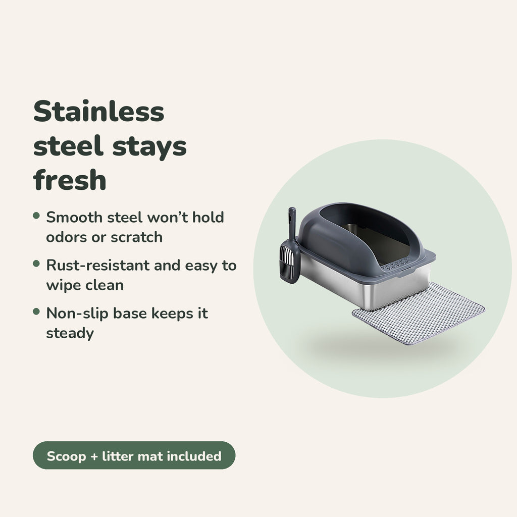 Odor-resistant stainless steel litter box with scoop and mat