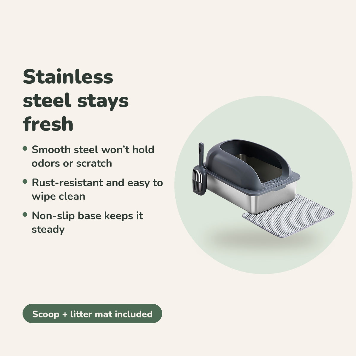 Odor-resistant stainless steel litter box with scoop and mat